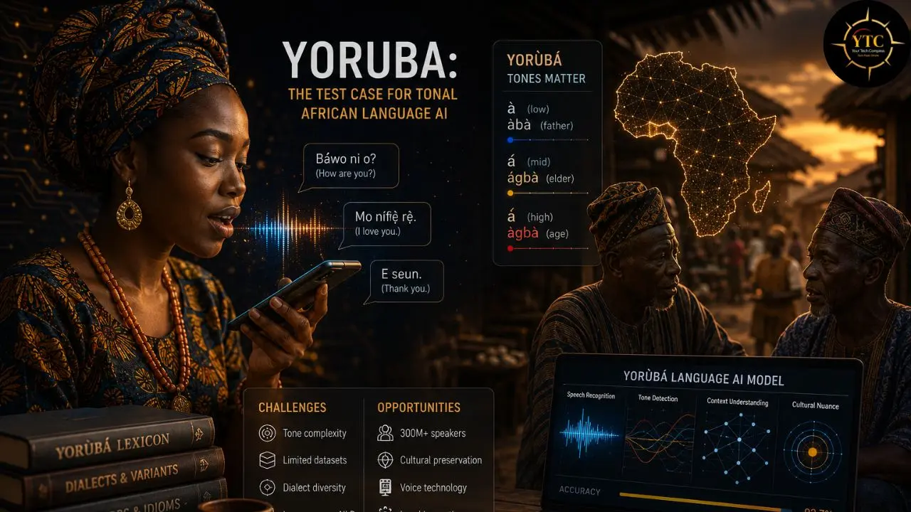 Collage illustrating Yoruba language AI development with a woman using a phone, text examples, tone rules, and a computer model display alongside African cultural imagery.