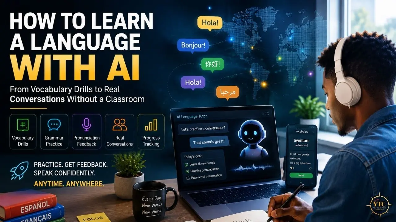 Man wearing headphones uses a laptop and phone for AI language learning, beside text reading “How to Learn a Language With AI.”
