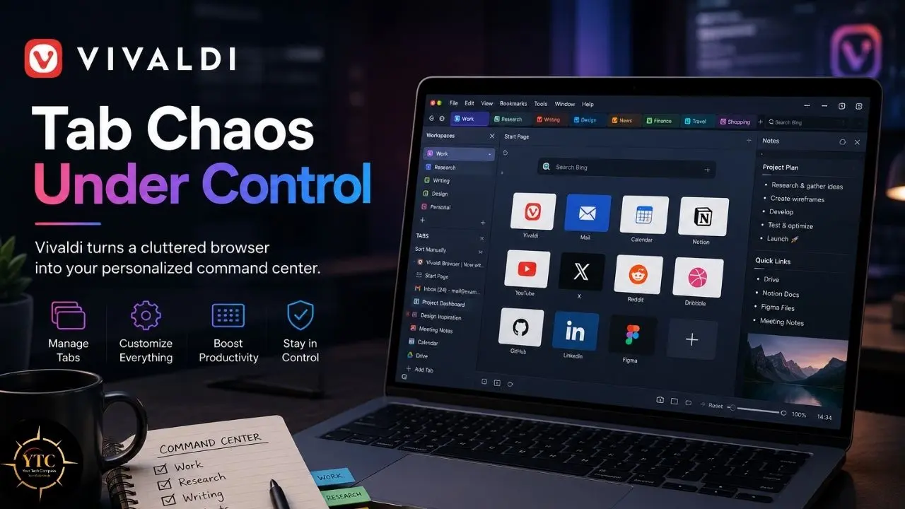 Vivaldi promotional graphic showing a laptop with a tab dashboard and the text “Tab Chaos Under Control.”