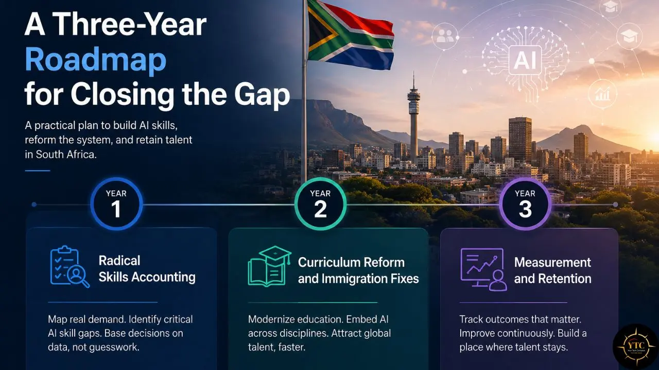 Infographic titled “A Three-Year Roadmap for Closing the Gap” outlines South Africa’s AI skills plan, featuring Cape Town, the South African flag, and three stages: skills accounting, curriculum reform and immigration fixes, and measurement and retention.