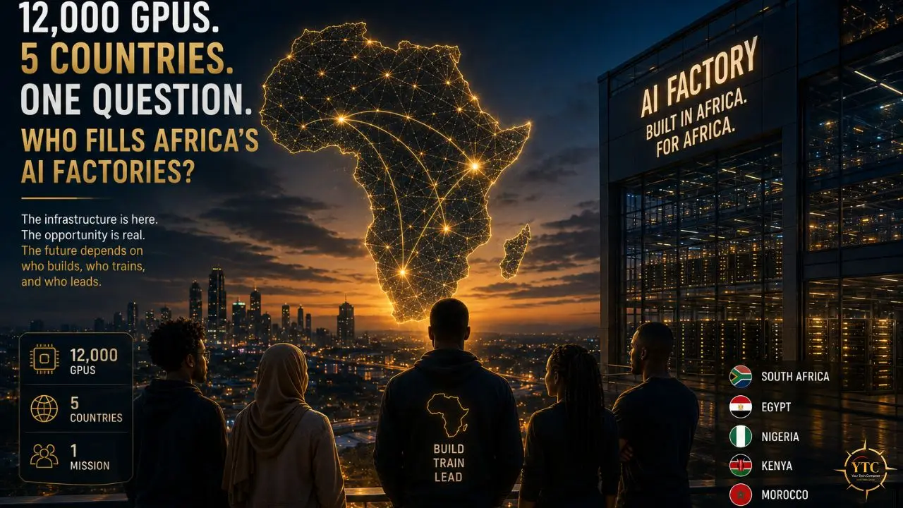Five people face a glowing, networked map of Africa beside a building labeled “AI Factory: Built in Africa. For Africa.”