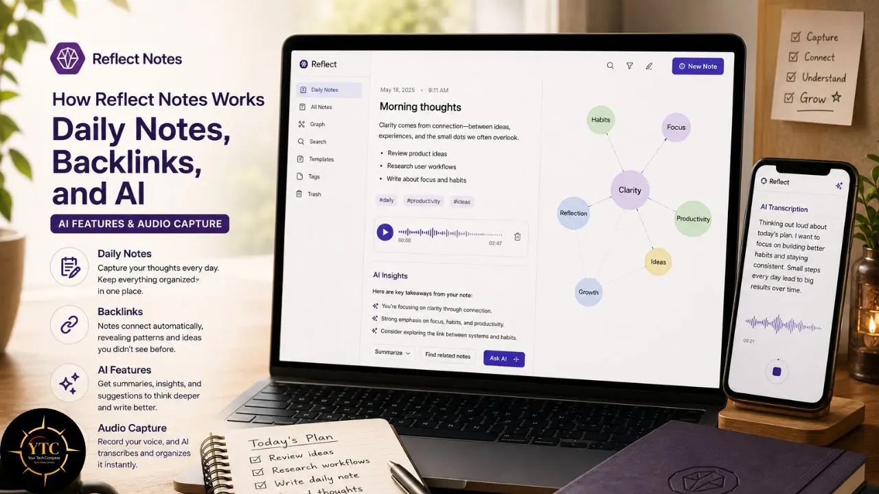 Reflect Notes app displayed on a laptop and smartphone, highlighting daily notes, backlinks, AI features, audio capture, and connected idea mapping.