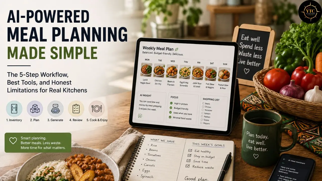 Promotional graphic for AI-powered meal planning showing a tablet with a weekly meal plan, cookbook, healthy ingredients, and the headline “Meal Planning Made Simple.”