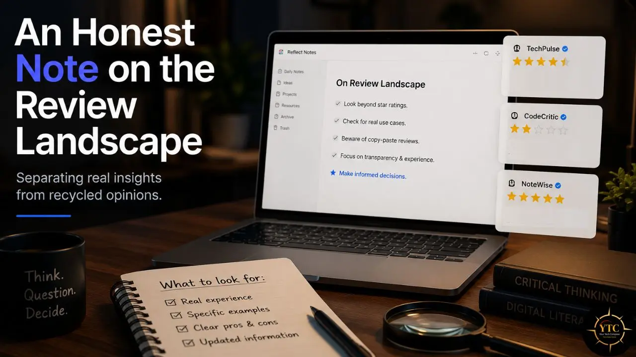 Laptop displaying a note about evaluating reviews sits on a desk beside a checklist notebook, review rating cards, coffee, and books, with text promoting honest insights over recycled opinions.