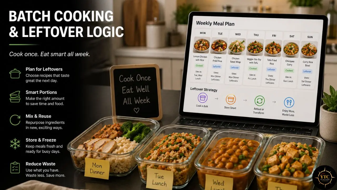 Meal-prep containers labeled Monday dinner, Tuesday lunch, and Wednesday dinner sit beneath a tablet displaying a weekly meal plan, alongside batch-cooking tips for reducing leftovers and food waste.