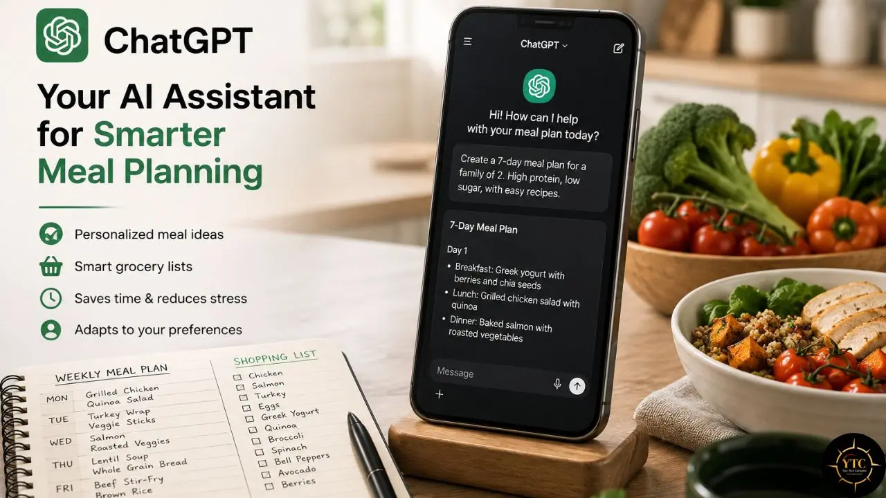 ChatGPT meal-planning graphic showing a smartphone with a seven-day meal plan beside healthy vegetables, a prepared grain bowl, and handwritten weekly meal and shopping lists.
