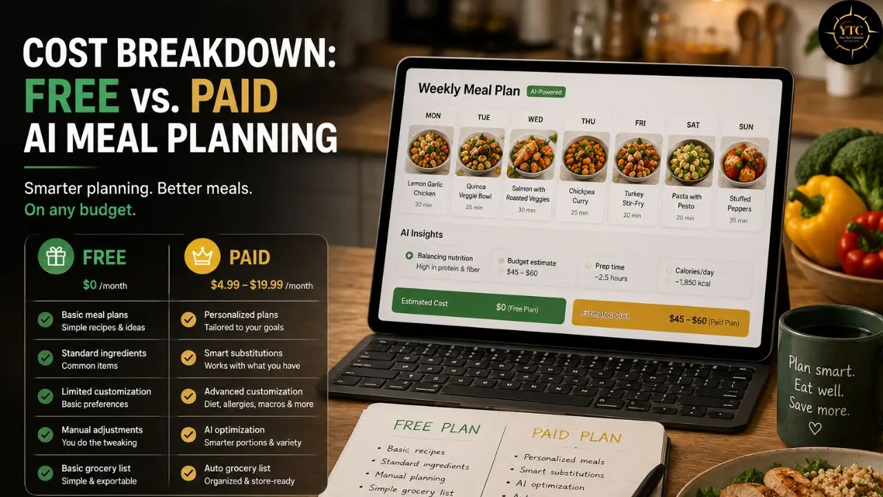 Graphic comparing free and paid AI meal-planning plans beside a laptop showing a weekly meal plan, with pricing, features, meal photos, vegetables, and a coffee mug.