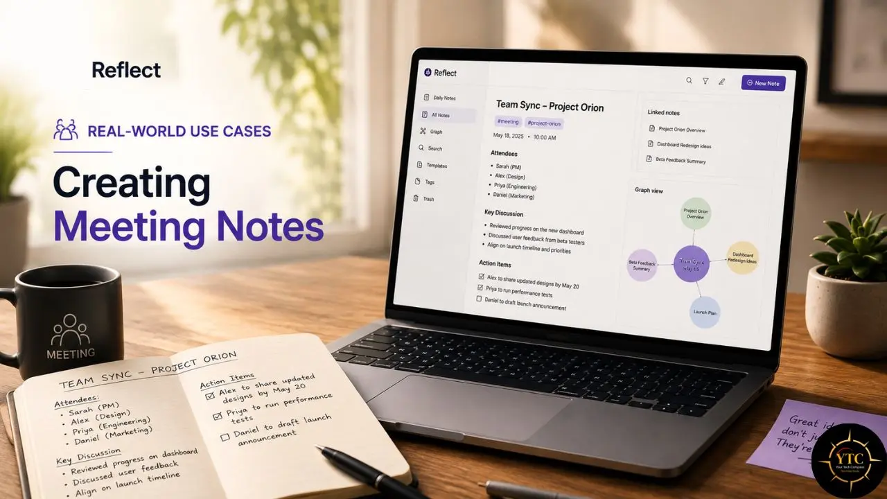 Laptop displaying a meeting-notes app beside handwritten “Team Sync – Project Orion” notes, with text reading “Creating Meeting Notes” on the left.
