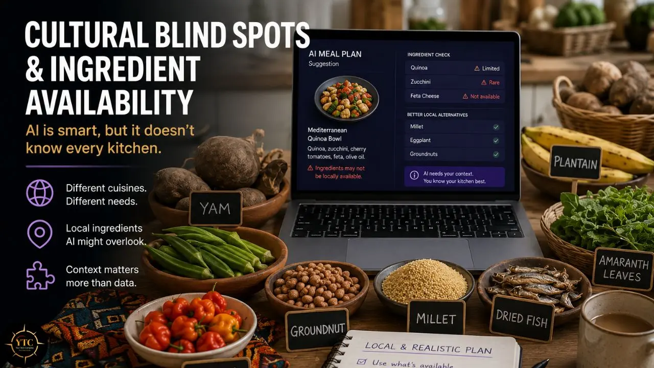 Laptop displaying an AI meal plan and ingredient availability beside labeled local foods, including yam, plantain, amaranth leaves, millet, groundnuts, and dried fish, with text about cultural blind spots.