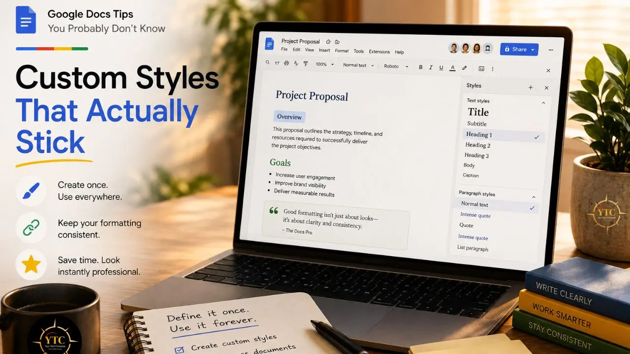 Promotional graphic for Google Docs custom styles, featuring a laptop displaying a project proposal with the Styles panel open beside books, a coffee mug, and a handwritten notebook.