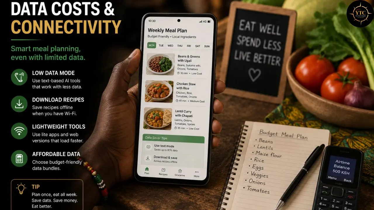 Promotional graphic showing a hand holding a smartphone with a weekly meal-planning app, alongside a budget ingredient list, vegetables, a chalkboard reading “Eat well, spend less,” and tips for saving mobile data.