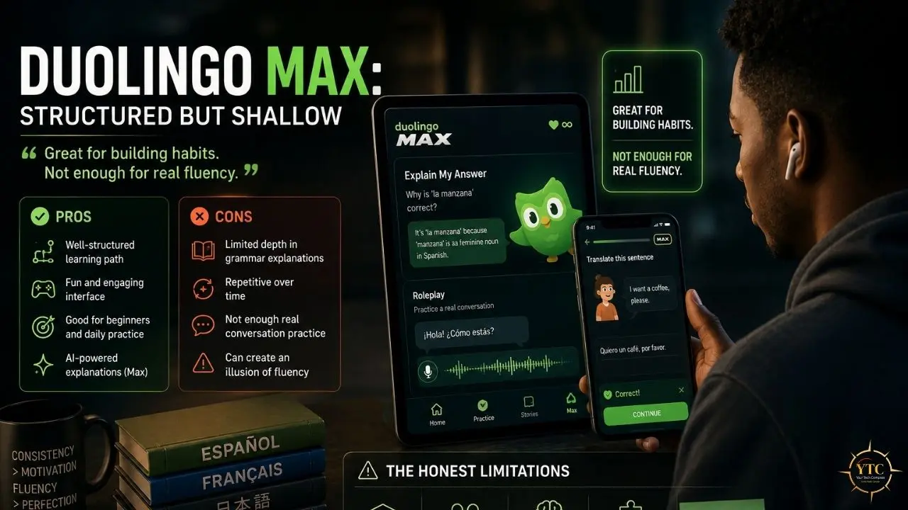 Graphic titled “Duolingo Max: Structured but shallow,” showing the app on two phones with pros, cons, and text stating it builds habits but lacks real fluency.