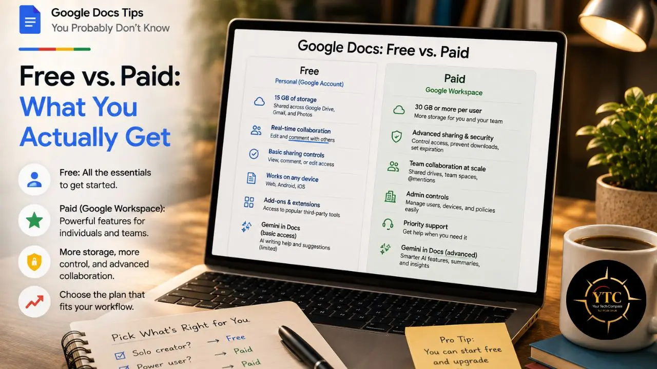 Graphic comparing free Google Docs features with paid Google Workspace benefits displayed on a laptop beside a coffee mug and notebook.