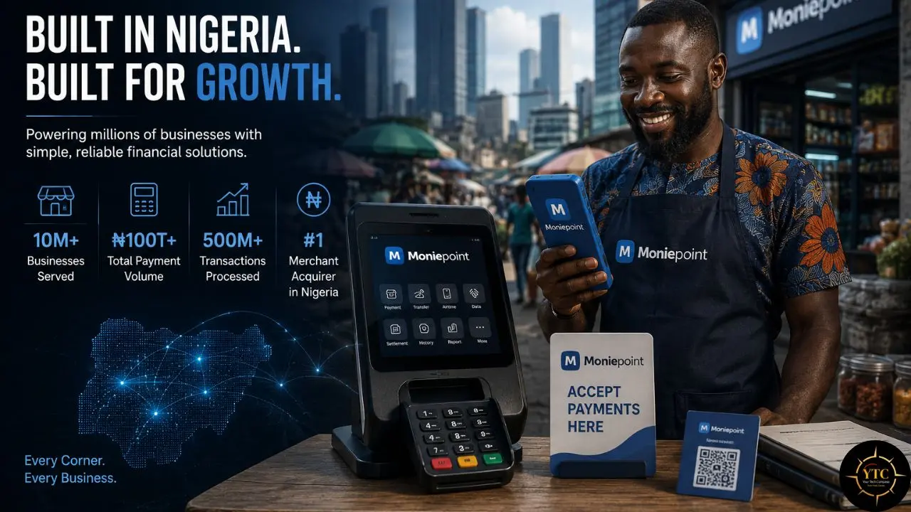 Moniepoint promotional graphic showing a smiling Nigerian merchant holding a phone beside a payment terminal and signs reading “ACCEPT PAYMENTS HERE.”