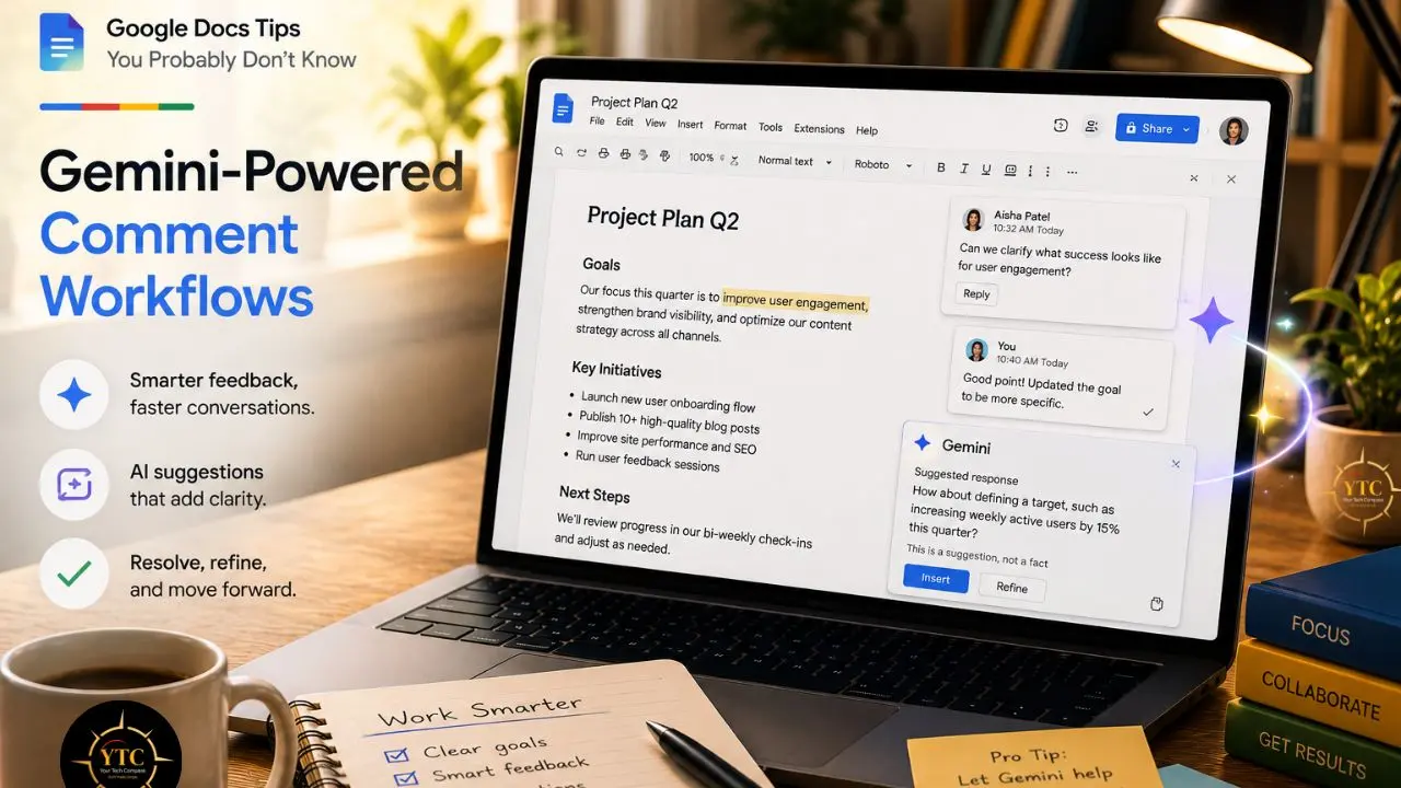 Promotional graphic showing a laptop with a Google Docs project plan and Gemini-powered comment suggestions, alongside text about smarter feedback and faster workflows.