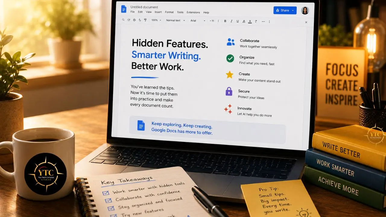 Laptop displaying a Google Docs “Hidden Features” writing guide on a desk with a coffee mug, notebook, sticky note, and motivational books.
