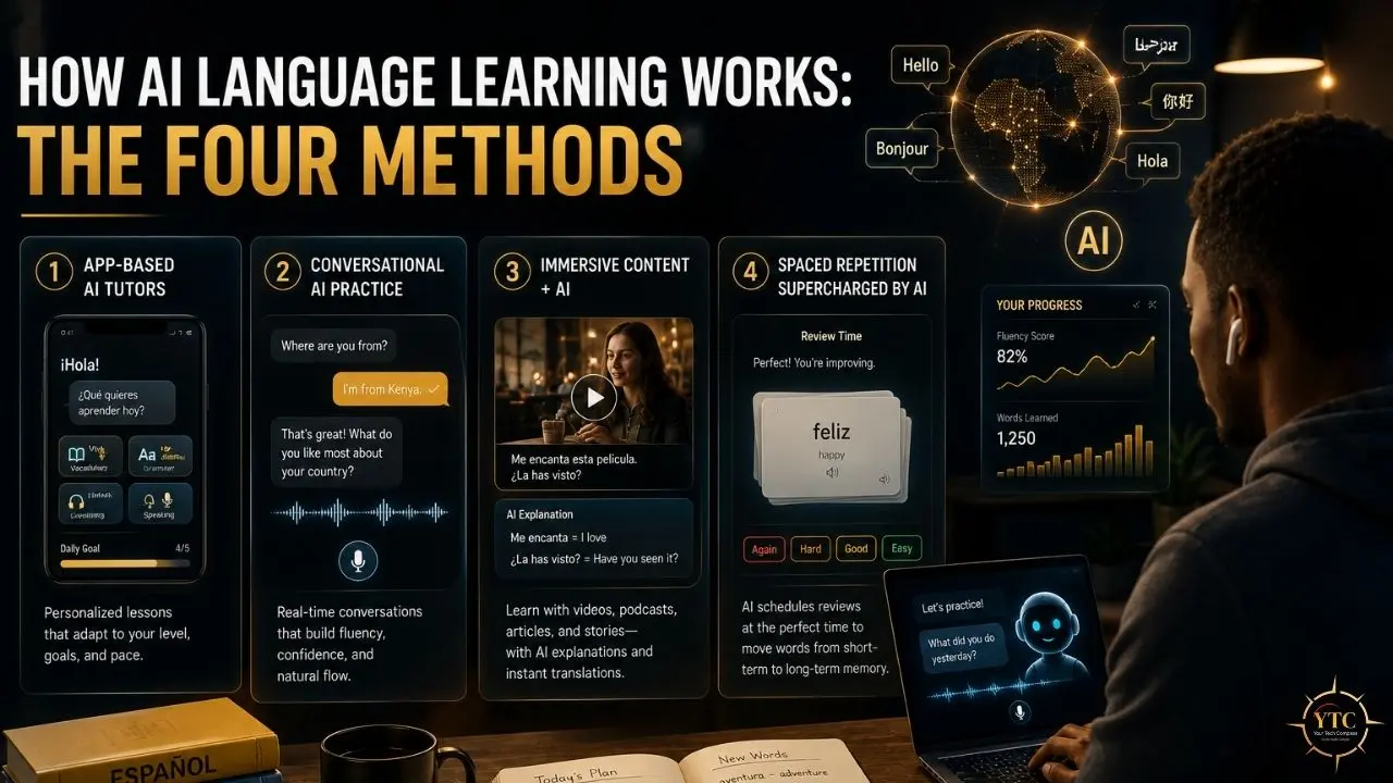 Infographic titled “How AI Language Learning Works: The Four Methods,” showing four AI learning approaches and a person using a laptop.