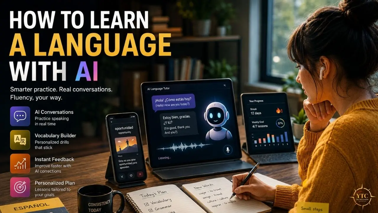 Text reads “HOW TO LEARN A LANGUAGE WITH AI” beside a woman using a laptop, phone, and notebook at a desk.