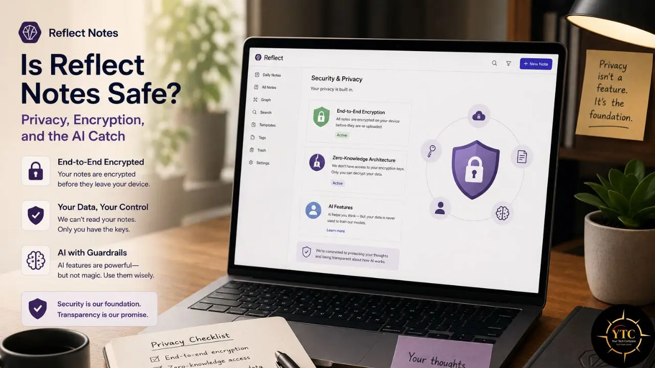 Laptop displaying Reflect Notes’ “Security & Privacy” page beside text promoting encryption, privacy, and AI safeguards.