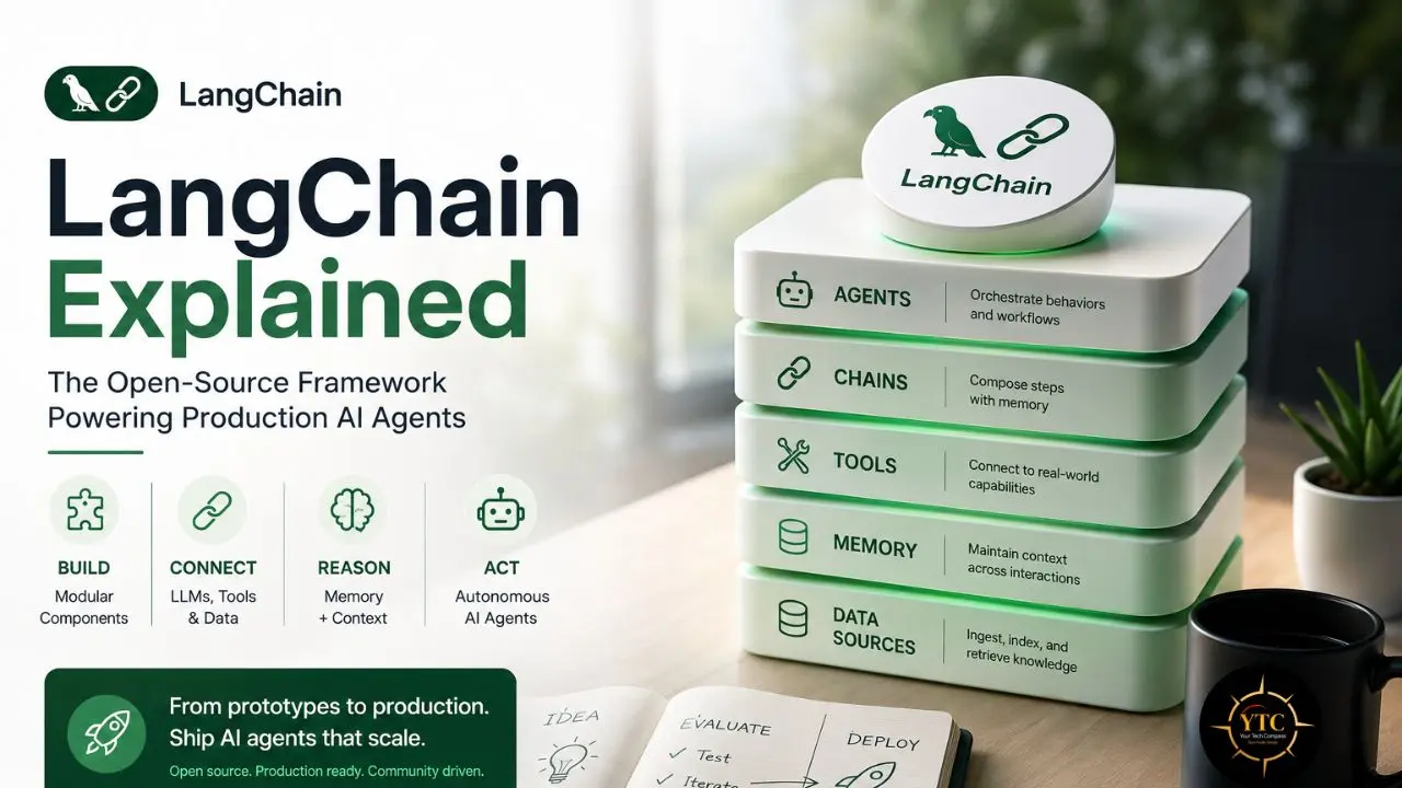 LangChain Explained graphic showing the framework’s Agents, Chains, Tools, Memory, and Data Sources layers, with text about production AI agents.