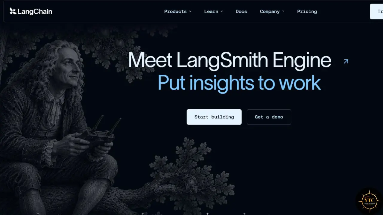 LangChain webpage reading “Meet LangSmith Engine” and “Put insights to work,” with a seated historical figure holding a device and two buttons.