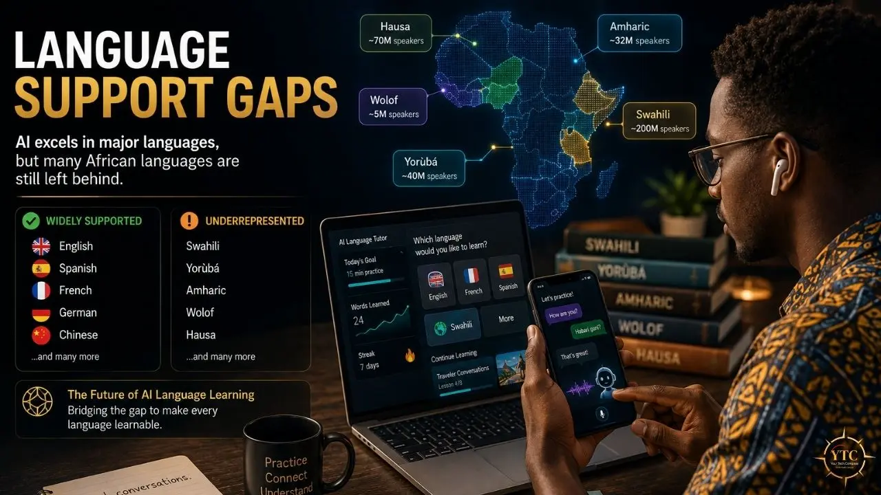 Graphic about language support gaps, showing African languages on a map, support rankings, and a person using language-learning apps on a laptop and phone.