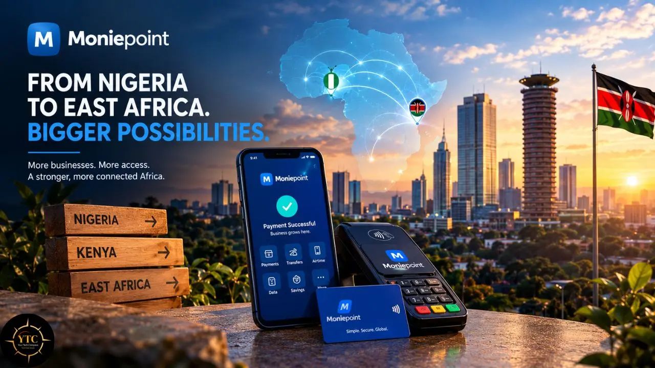 Moniepoint graphic showing Nigeria-to-Kenya payments, with a phone, card reader, bank card, Nairobi skyline, and text about bigger possibilities.