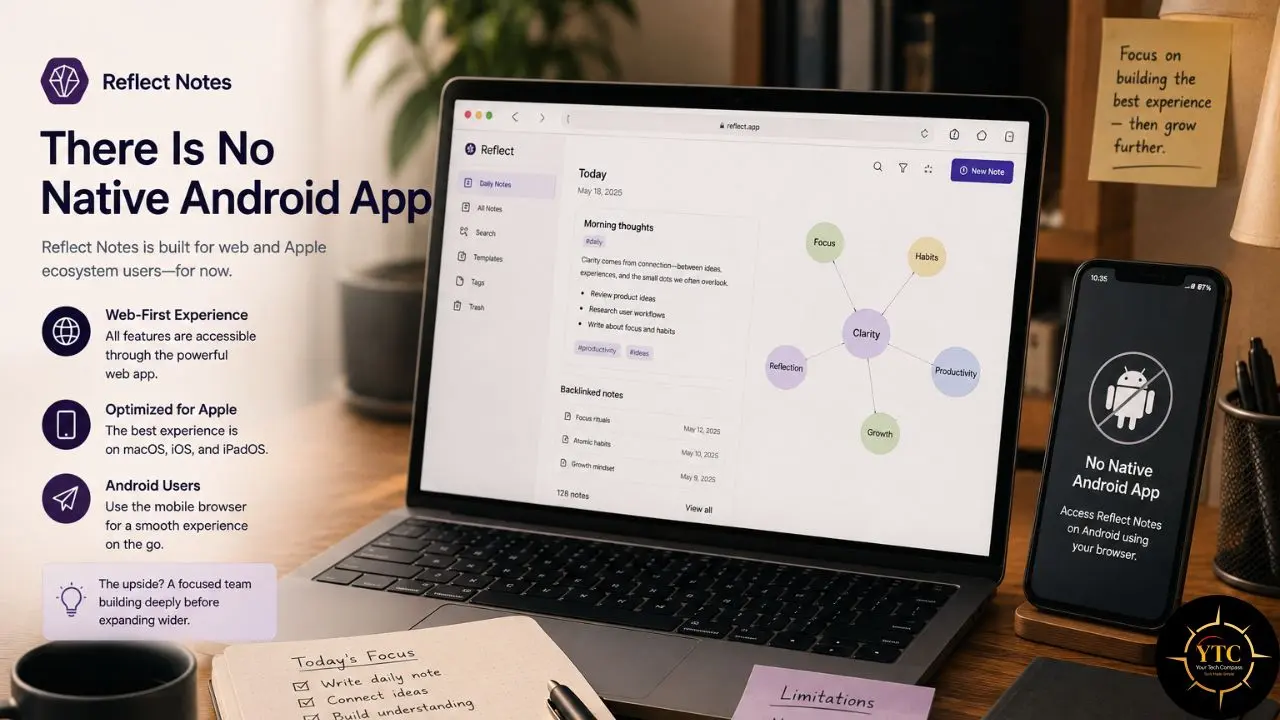 Promotional graphic for Reflect Notes showing a laptop web app and smartphone message stating “No Native Android App,” with text highlighting web-first and Apple ecosystem support.