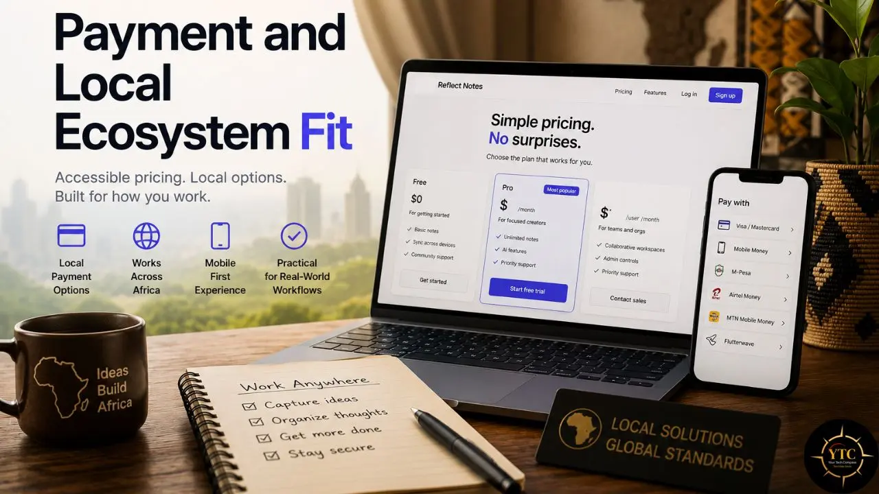 Promotional workspace showing a laptop and smartphone displaying payment options, alongside text about accessible local payment solutions across Africa.