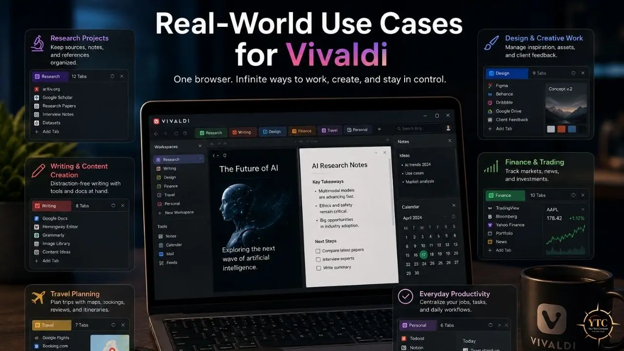 Laptop showing Vivaldi browser workspaces with AI research notes, surrounded by panels for research, writing, design, finance, travel, and productivity use cases.
