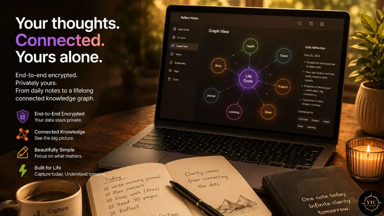 Laptop displaying a connected knowledge graph and journal interface beside handwritten notes, coffee, and candle, promoting encrypted personal note-taking.