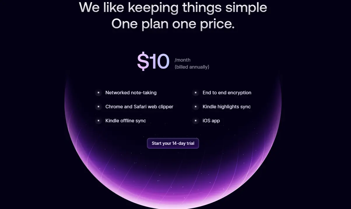 Pricing plan advertises one $10-per-month annual subscription with note-taking, syncing, encryption, and mobile features, plus a 14-day trial button.