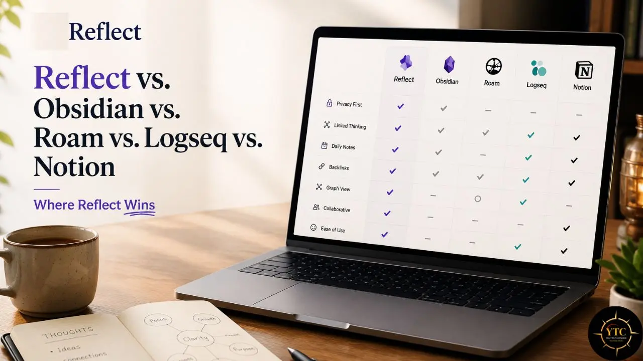 Laptop displaying a comparison chart of Reflect, Obsidian, Roam, Logseq, and Notion beside text reading “Where Reflect Wins,” with a coffee cup and notebook on a desk.