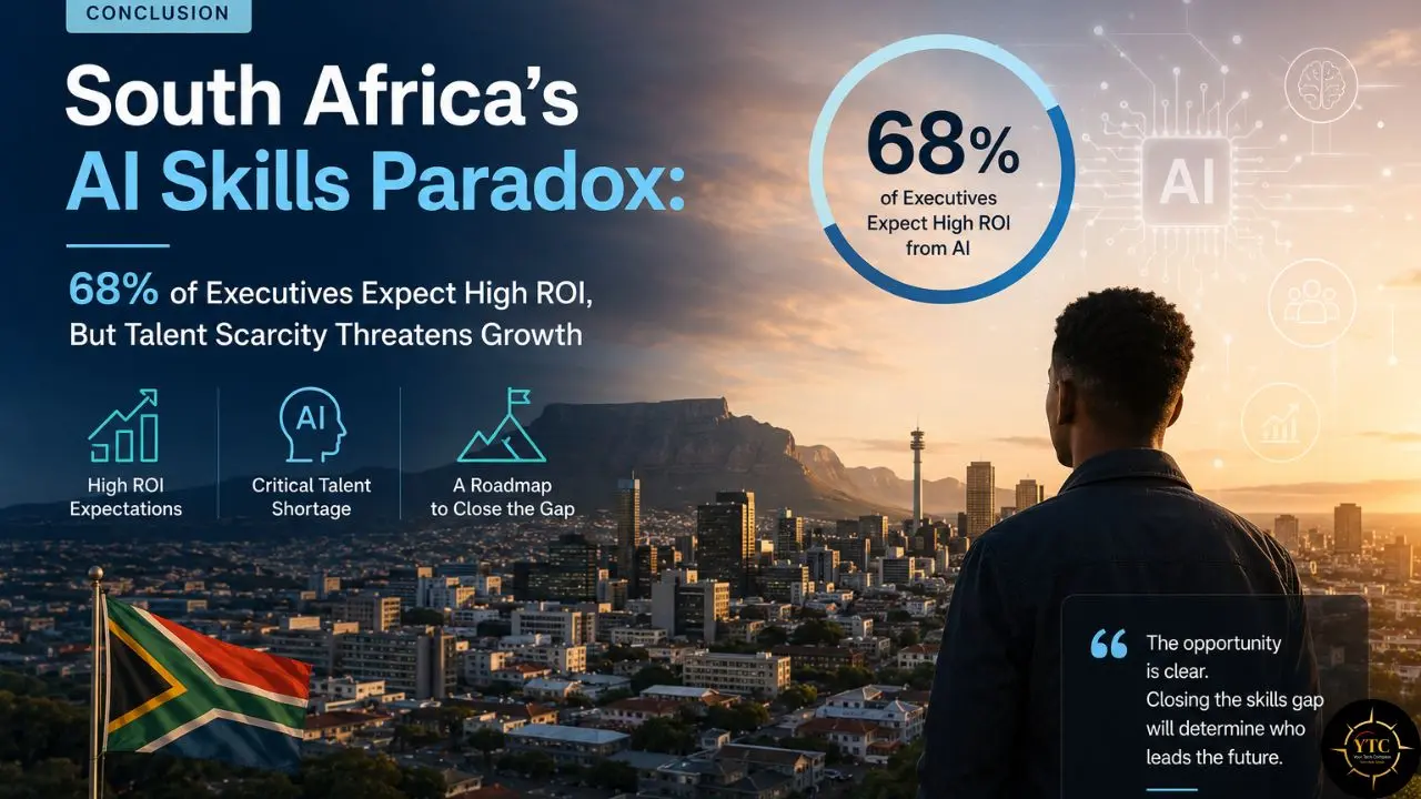Infographic titled “South Africa’s AI Skills Paradox” shows Cape Town with Table Mountain, a South African flag, and a businessperson overlooking the city, highlighting that 68% of executives expect high AI ROI while talent shortages threaten growth.