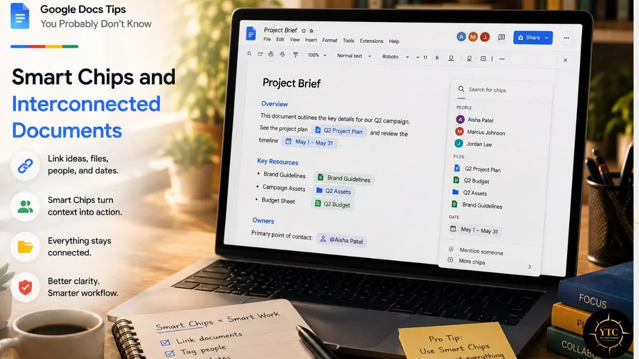 Promotional graphic showing Google Docs Smart Chips connecting people, files, dates, and ideas in a “Project Brief” displayed on a laptop beside productivity notes and coffee.