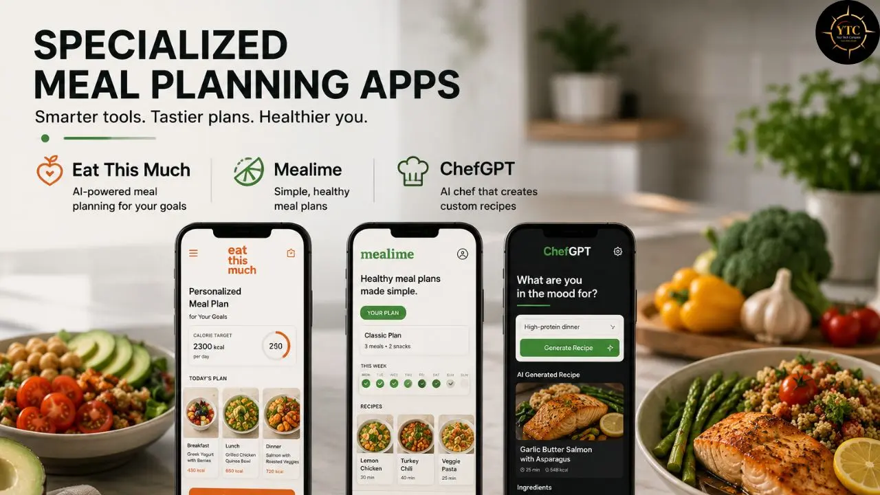 Promotional banner featuring three smartphones displaying Eat This Much, Mealime, and ChefGPT meal-planning apps, surrounded by colorful healthy meals and vegetables.