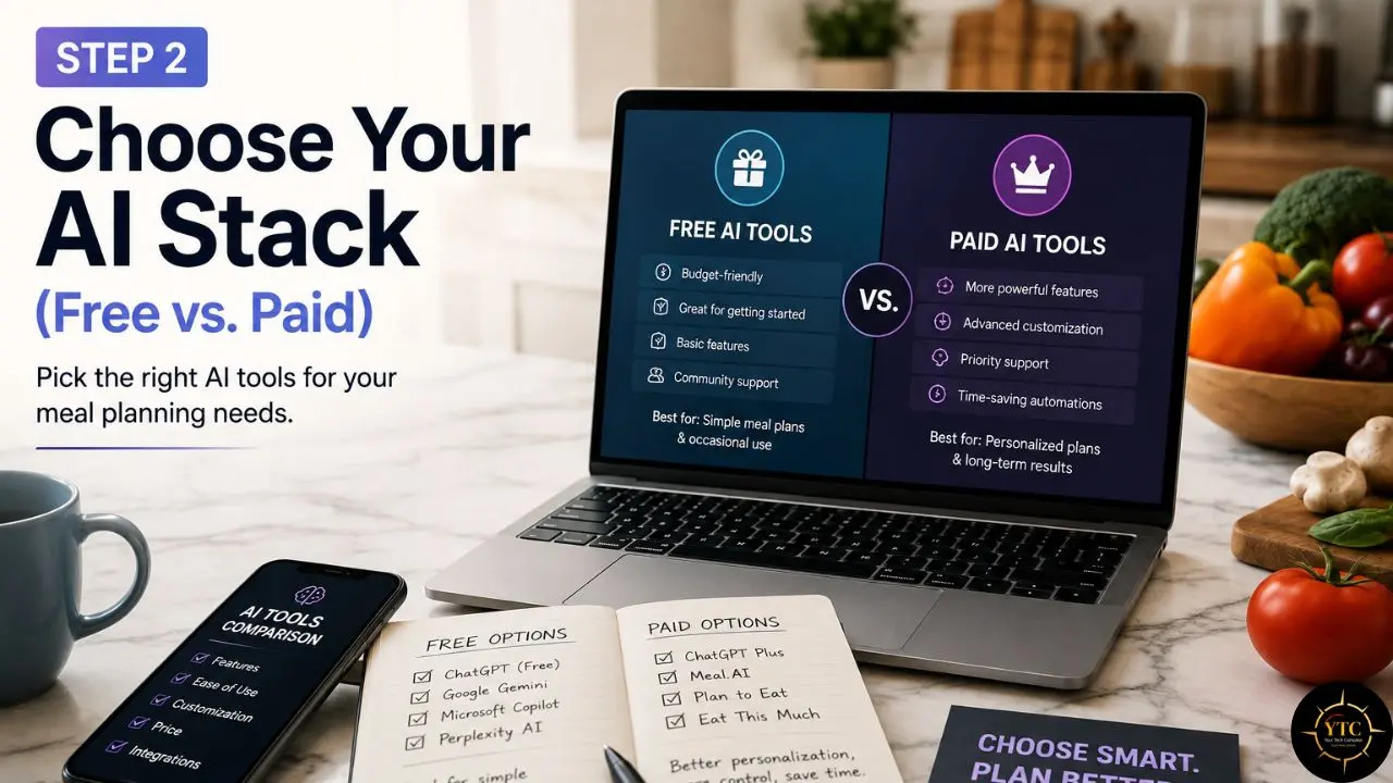 Step 2 graphic comparing free and paid AI tools for meal planning, shown on a laptop beside handwritten tool lists, a smartphone, and fresh vegetables.