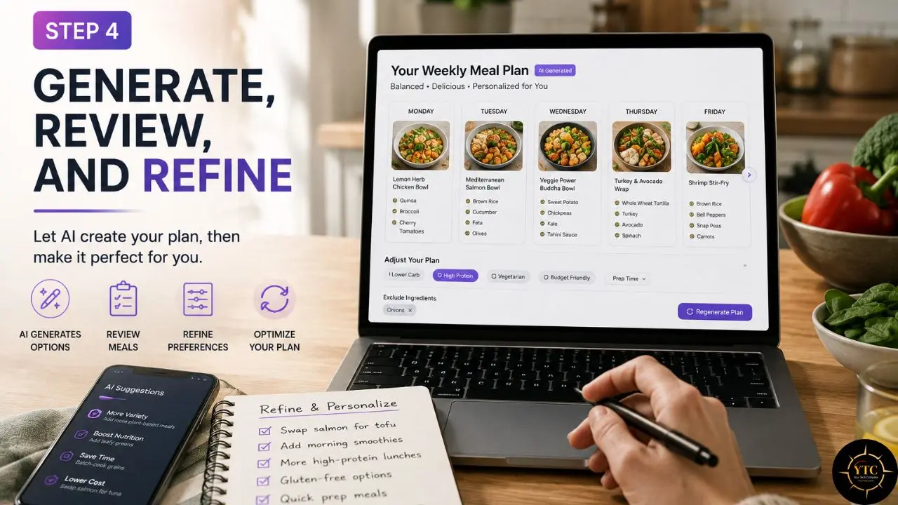 Promotional graphic showing Step 4 of an AI meal-planning process, with a laptop displaying a weekly meal plan, refinement options, a smartphone, and handwritten personalization notes beside fresh vegetables.