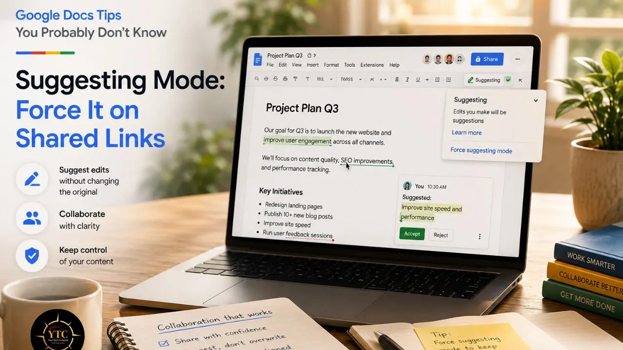 Laptop displaying Google Docs Suggesting mode beside text reading “Google Docs Tips: Force It on Shared Links,” with collaboration notes, a coffee mug, notebooks, and stacked books on a desk.