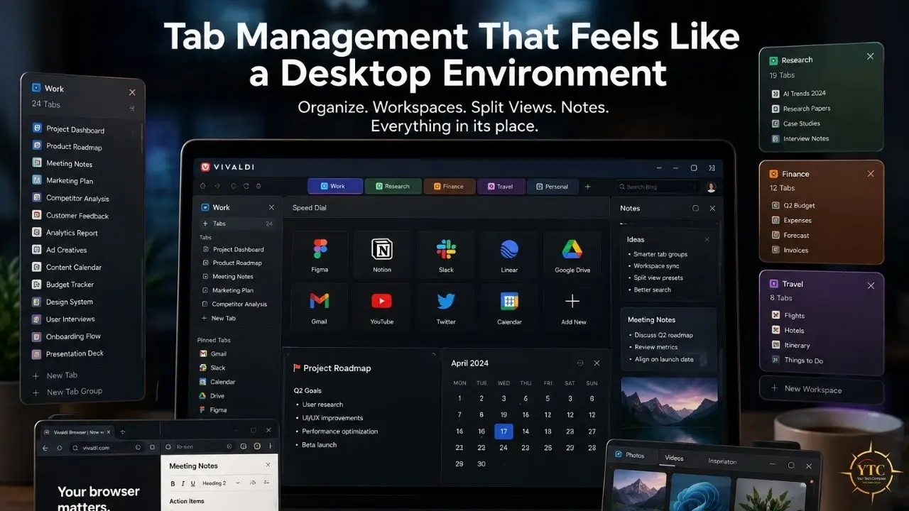 Promotional graphic showing a dark browser workspace with colorful tab groups, notes, calendars, app icons, and the headline “Tab Management That Feels Like a Desktop Environment.”