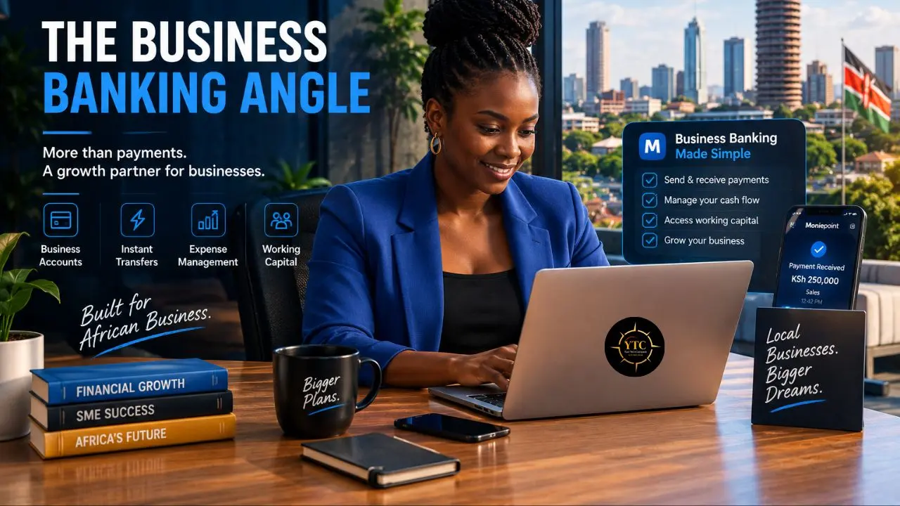 Woman in a blue blazer works on a laptop beside business banking text, payment graphics, books, a phone, and a city skyline.