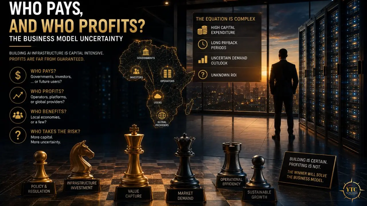 Business infographic titled “Who pays, and who profits?” showing data centers, chess pieces, an Africa map, and a silhouetted man.