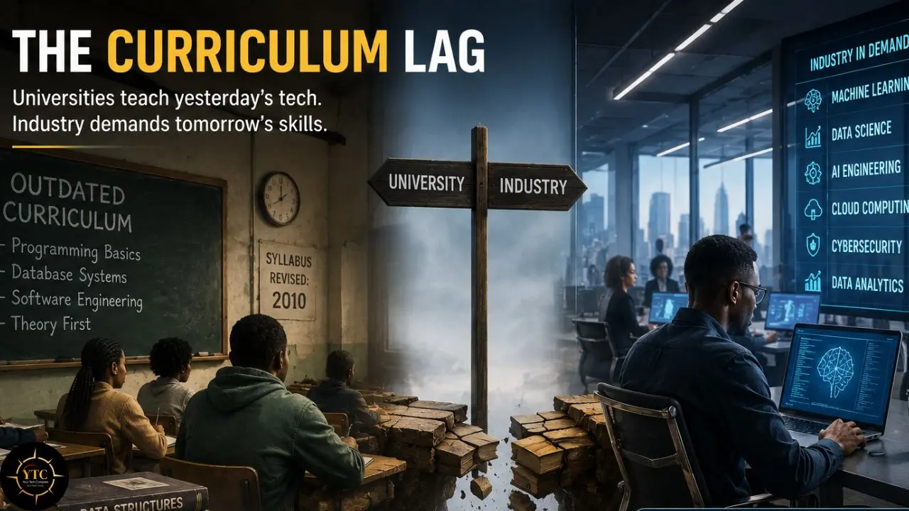 Split-screen graphic contrasting an outdated university classroom with a modern industry office, highlighting the curriculum gap between traditional subjects and skills such as machine learning, data science, AI, cloud computing, and cybersecurity.