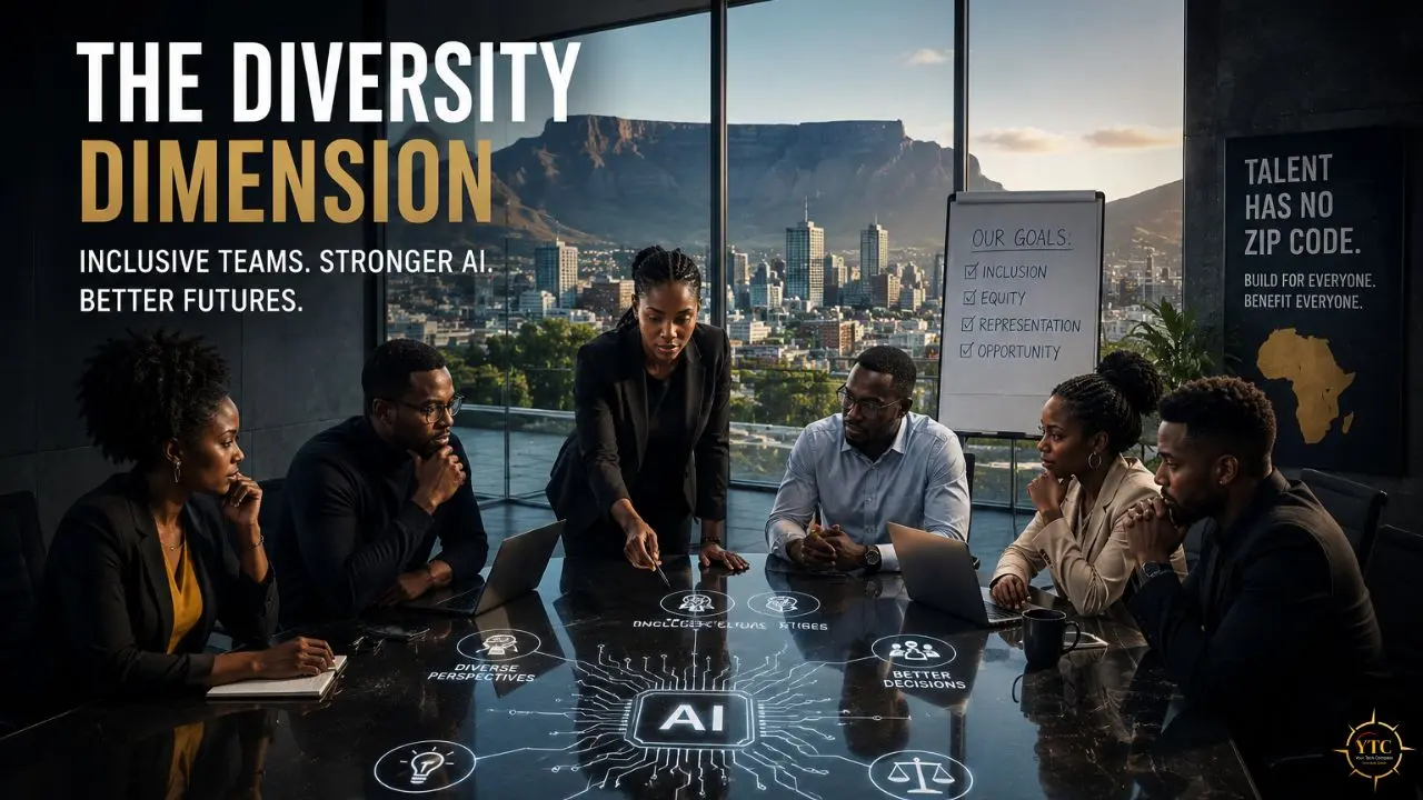Diverse team collaborates around a table with an AI graphic, laptop, and inclusion goals board, overlooking a city and mountain landscape.