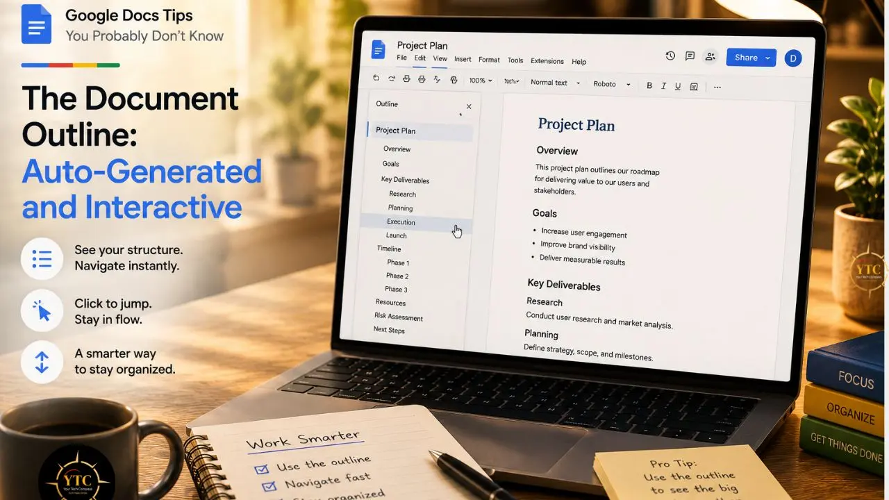 Promotional graphic showing a laptop with a Google Docs project plan and interactive document outline, alongside text highlighting auto-generated outlines and navigation tips.