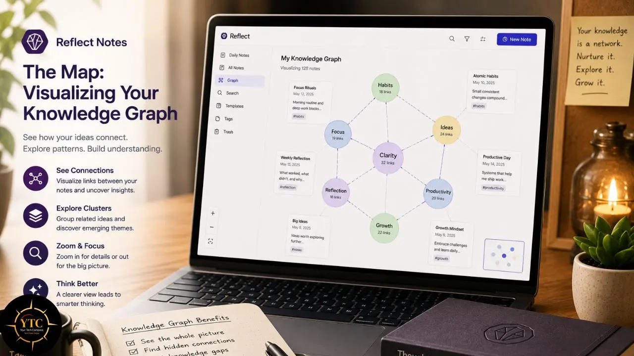 Laptop displaying Reflect Notes’ “The Map” knowledge graph with connected topics, beside promotional text, notebooks, a candle, and a potted succulent.