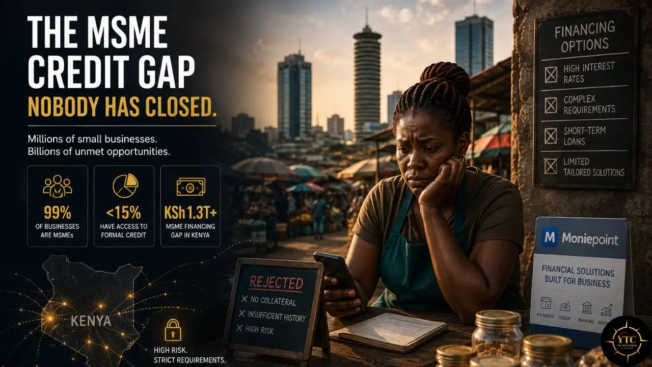 Woman at a market stall checks her phone beside a rejected-loan sign, with text about Kenya’s MSME credit gap and financing options.