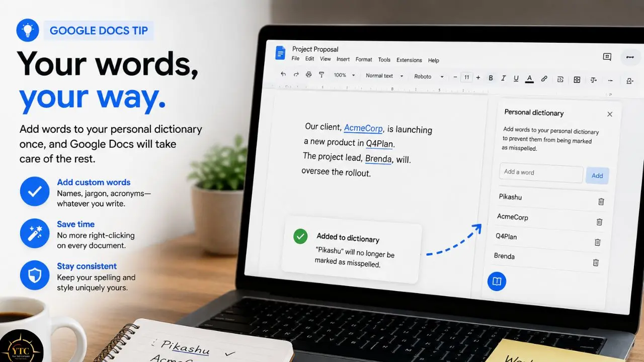 Promotional graphic showing a laptop with Google Docs’ Personal dictionary panel open, alongside text explaining how to add custom words and save time.