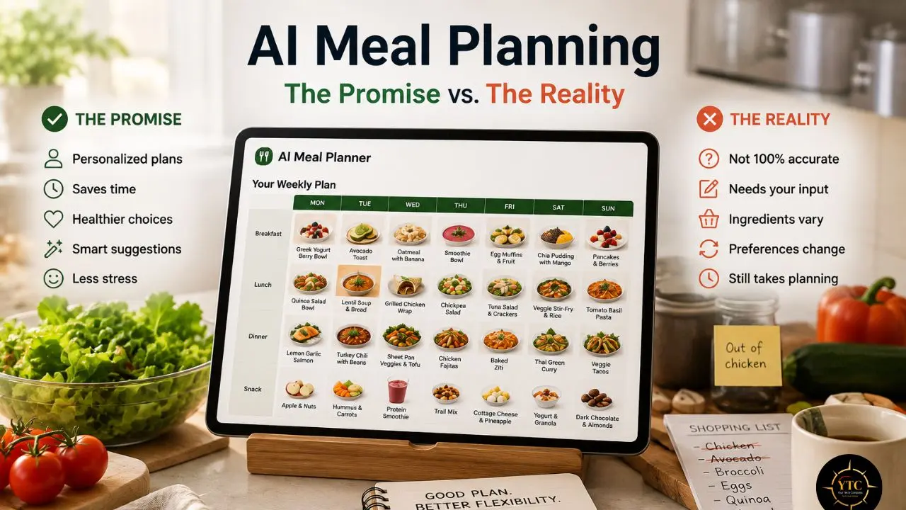 Infographic titled “AI Meal Planning: The Promise vs. The Reality” shows a tablet with a weekly meal plan, benefits listed on the left, limitations on the right, and fresh ingredients and a shopping list surrounding it.