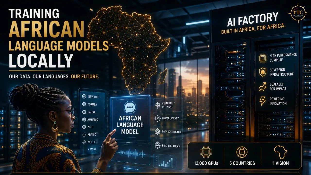 Graphic of a woman beside an African language model interface, with text about local training, an Africa map, servers, and AI factory features.